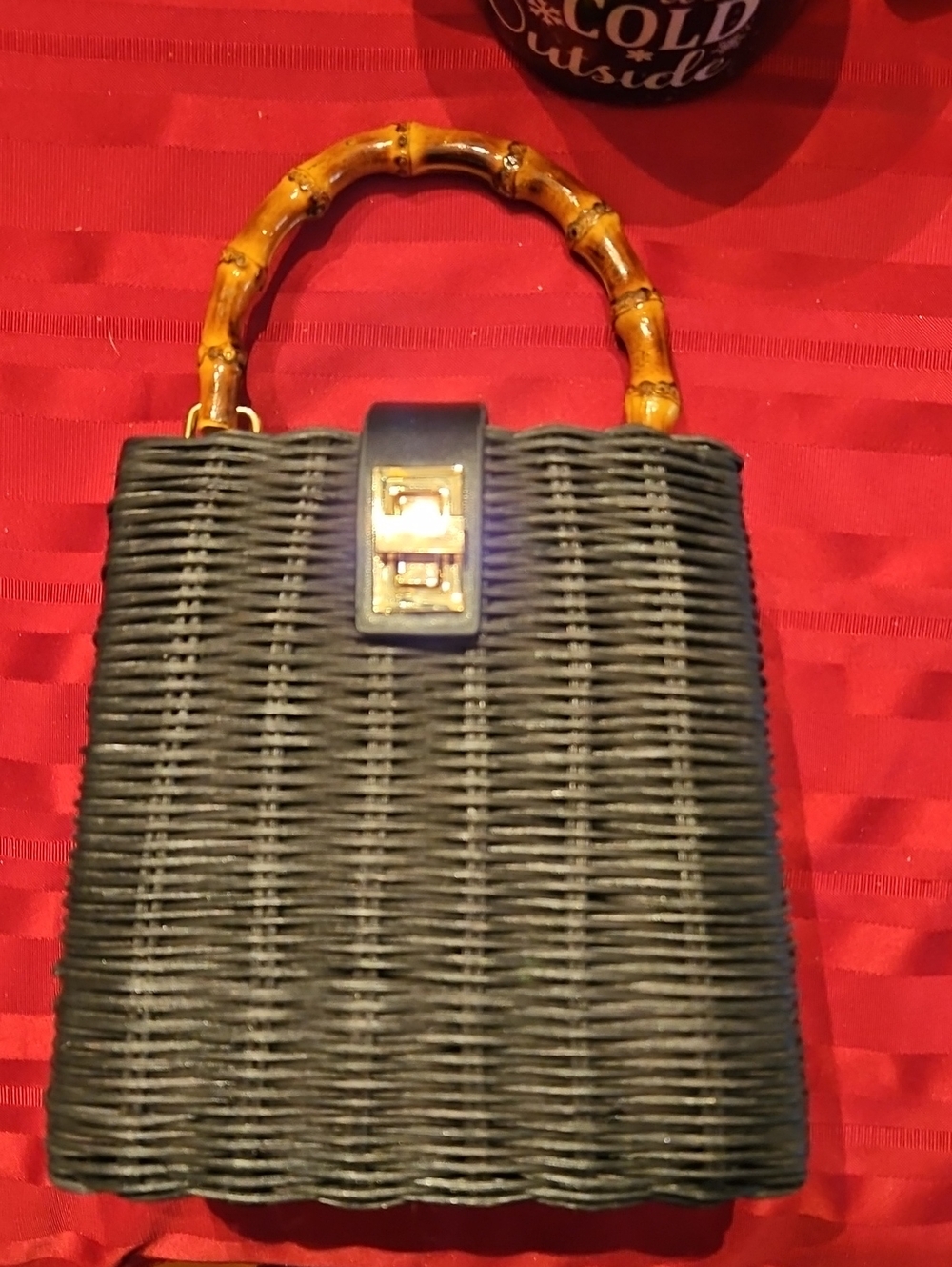 Zara Black Woven Tote with Bamboo-Style Handle